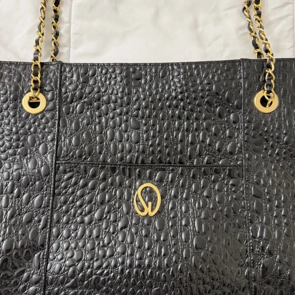 St. John Tote Bag Large Black Patent Leather Embossed Gold Chain Straps - Picture 2 of 11